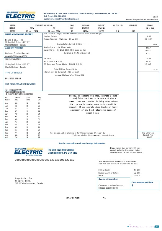 Download Canada Maritime Electric business utility bill template in Word and pdf format Photoshop template